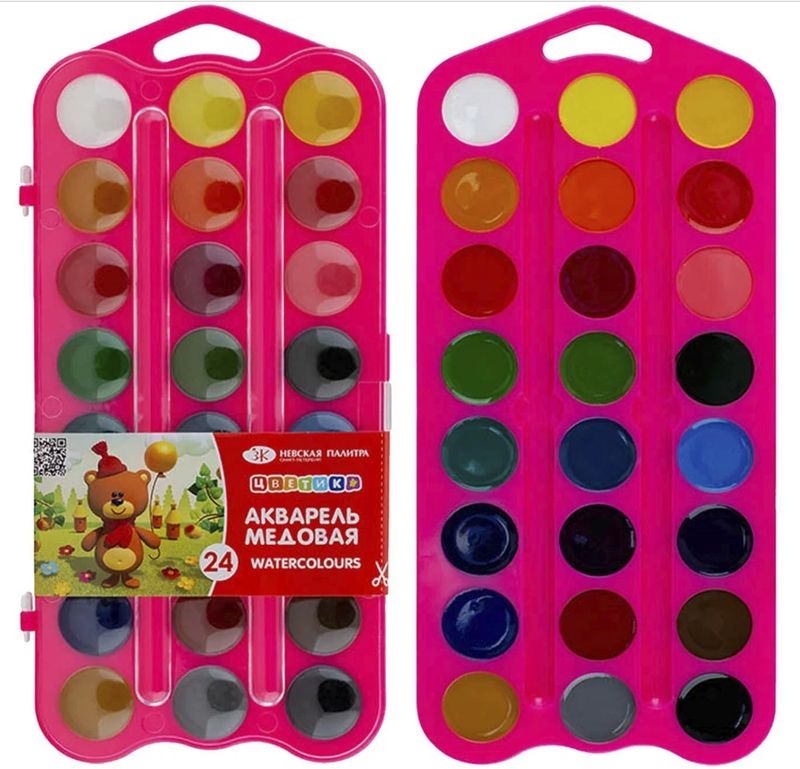 Nevskaya Palitra Honey Watercolours set `Tswetik` contains 24 colours, plastic case, Pink box