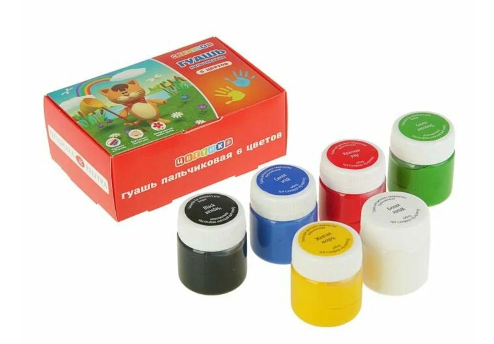 Nevskaya Palitra Finger Gouache colours set ”Tswetik” 6 colours in 40 ml jars, cardboard box