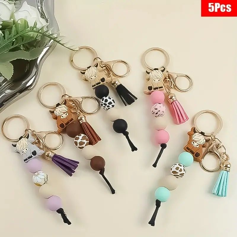 Western Cowboy Style Highland Cow Keychain