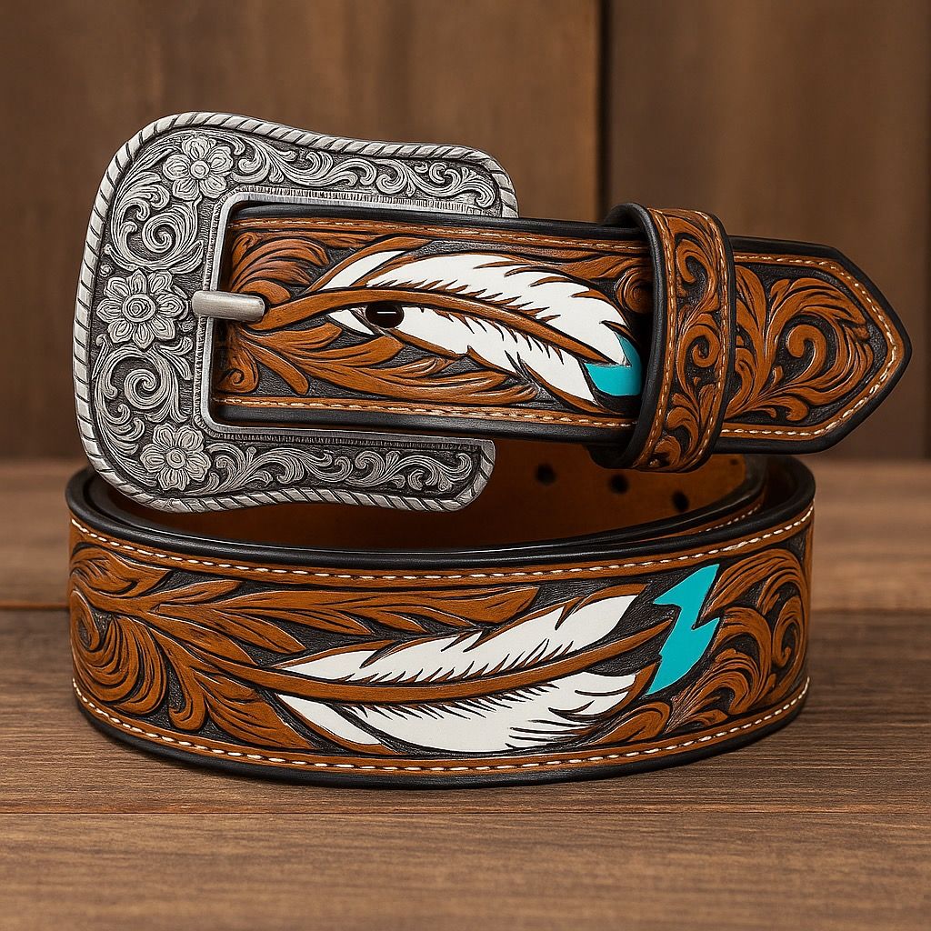 Adjustable Western Cowboy Belt with Turquoise-Style Buckle