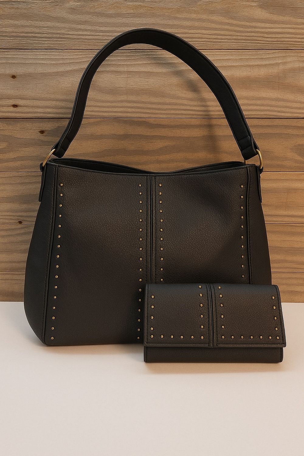 Black Studded Faux Leather Purse &amp; Wallet Set