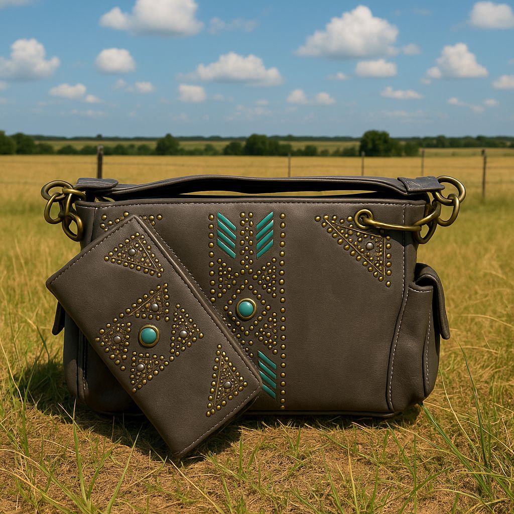 Western Studded Shoulder Bag + Matching Wallet — Turquoise Accents (Charcoal Gray)