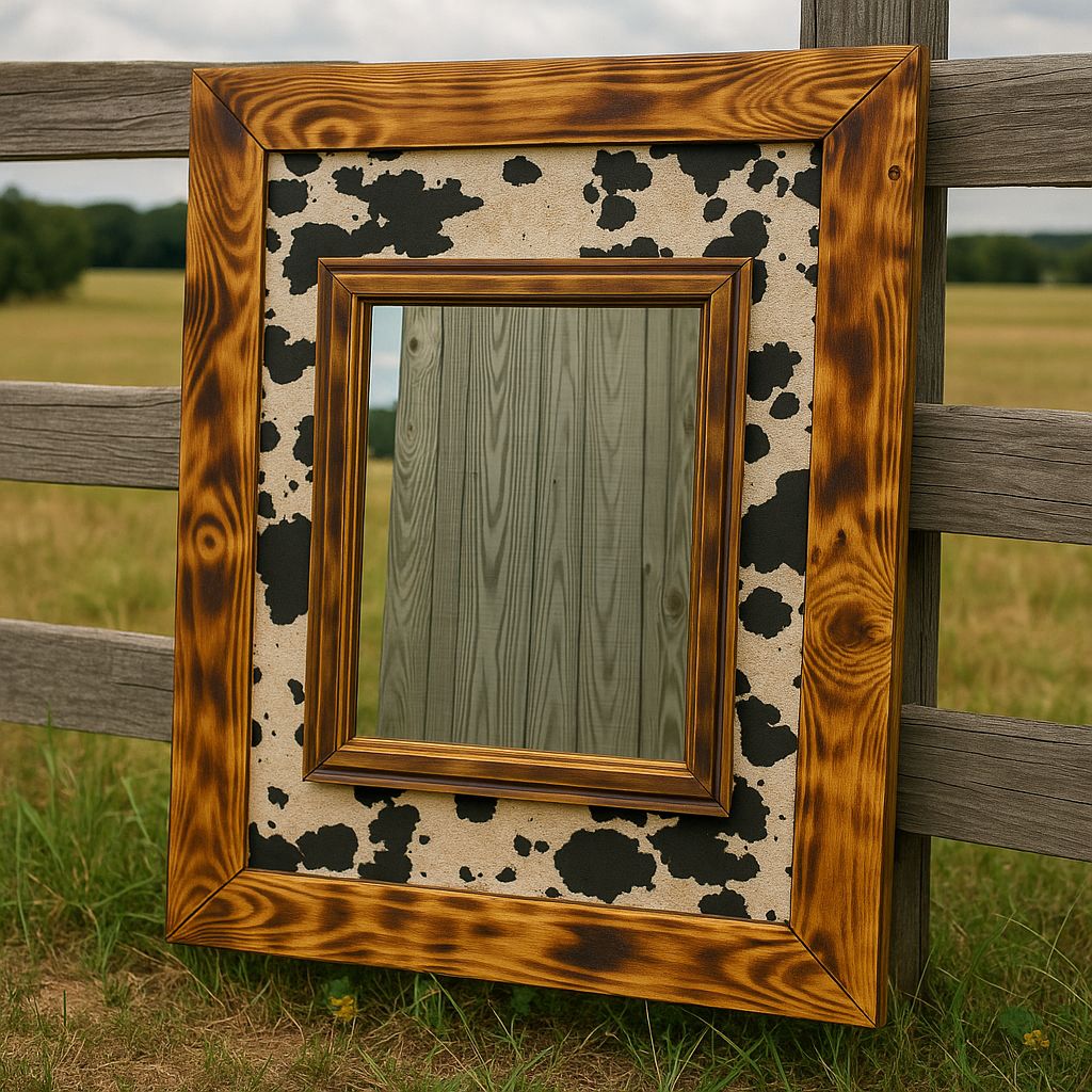 Rustic Cowhide &amp; Burnt Wood Framed Mirror