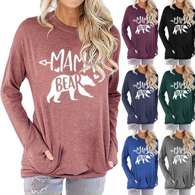 Women Pocket Sweater Mamabear Bear Pattern Printing Round Neck Long-sleeved T-shirt