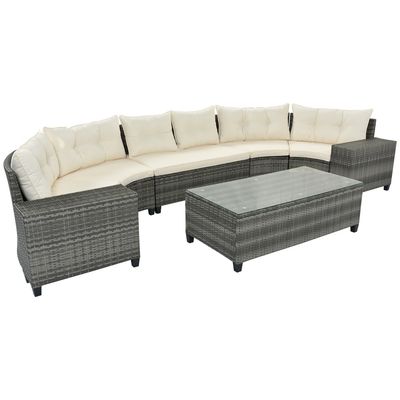 GO 8-pieces Outdoor Wicker Round Sofa Set, Half-Moon Sectional Sets All Weather, Curved Sofa Set With Rectangular Coffee Table, PE Rattan Water-resistant and UV Protected, Movable Cushion, Beige