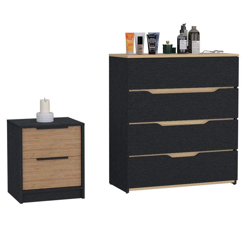 Medella 2-Piece Bedroom Set, Nightstand and Dresser, Black, Pine and Light Oak