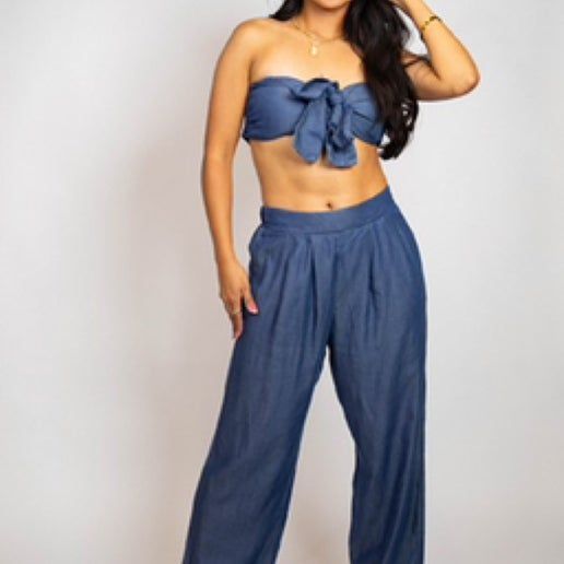 Denim Set Tube Top And Flare Pants