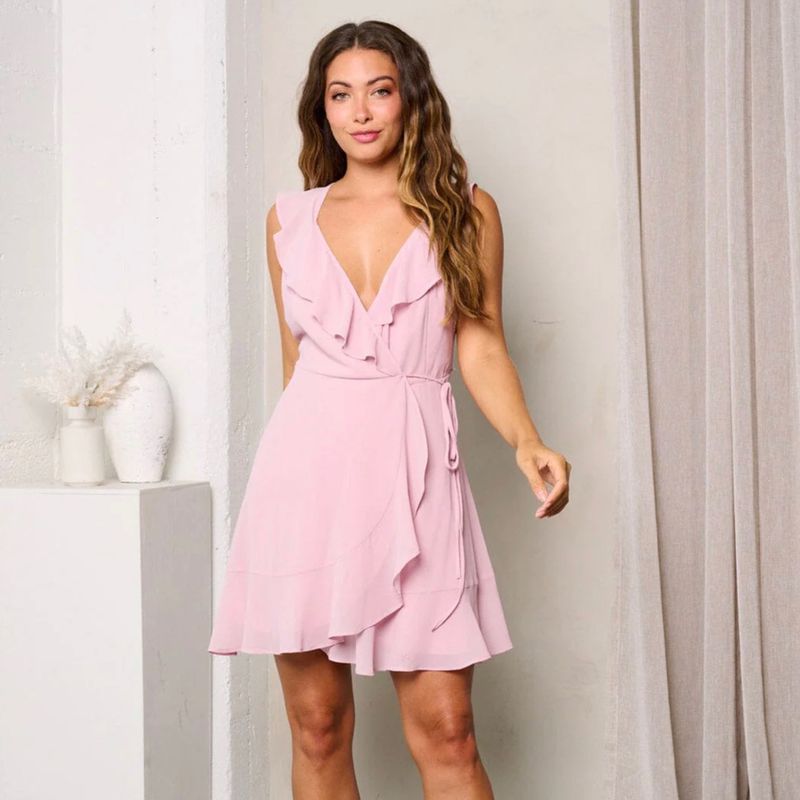 Women’s Sleevless Open Back Wrap Ruffle Mini Dress