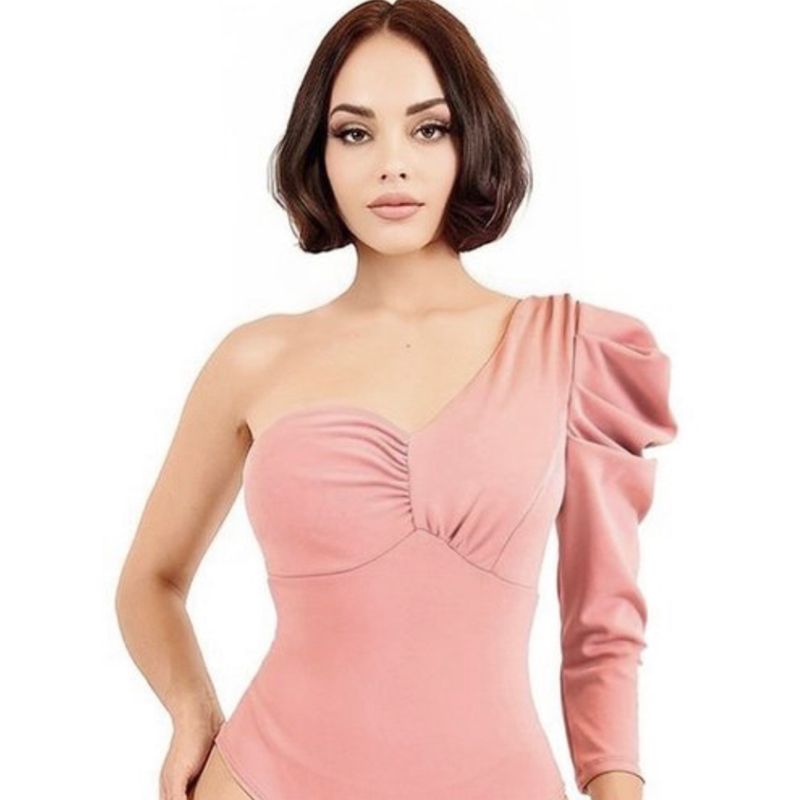 SOLID ONE SHOULDER PUFF SLEEVE BODYSUIT