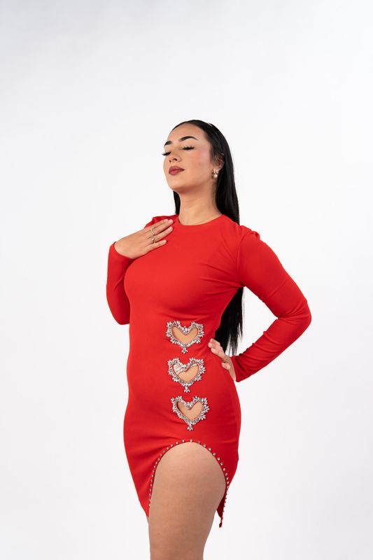 Rhinestones hearts long sleeve mini dress