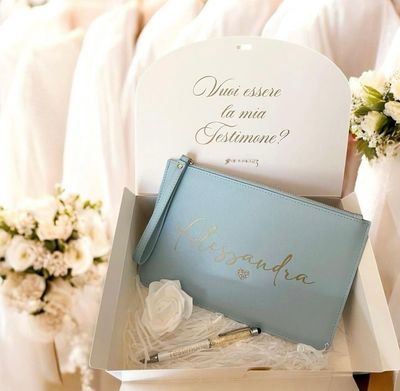 Box Testimone/Damigella/Mamma della Sposa con Pochette in Similpelle e Penna con Glitterini oro