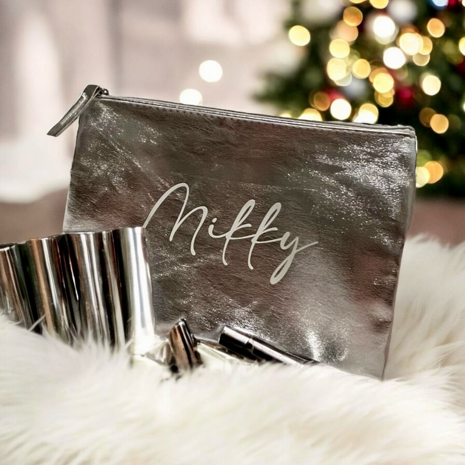Pochette/Trousse/Beauty Case in Ecopelle Metalizzato con Cerniera