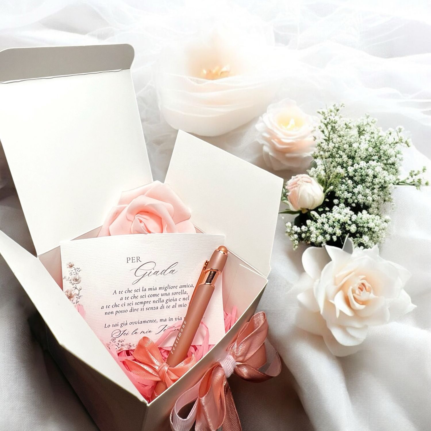 Scatolina Personalizzata con Penna Testimone/Damigella/Frase in Rose Gold