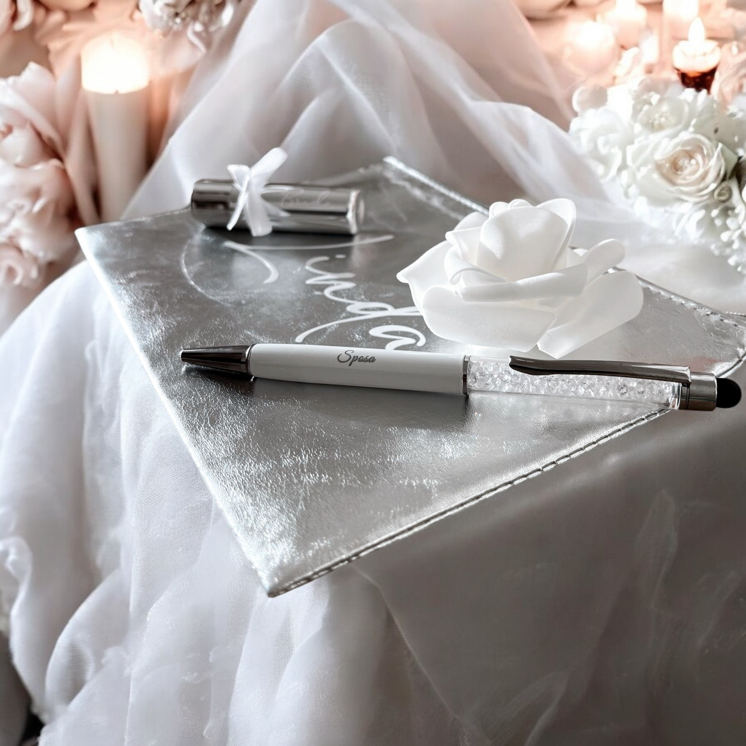 Set Pochette Argento, Balsamo Labbra &amp; Penna Glitterata – Personalizzato per Sposa