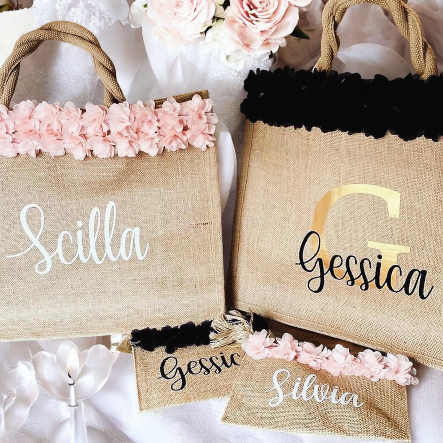 Set Borsa e Pochette in Juta Personalizzati – Con Nome, Roselline e Varianti per Estate o Matrimoni