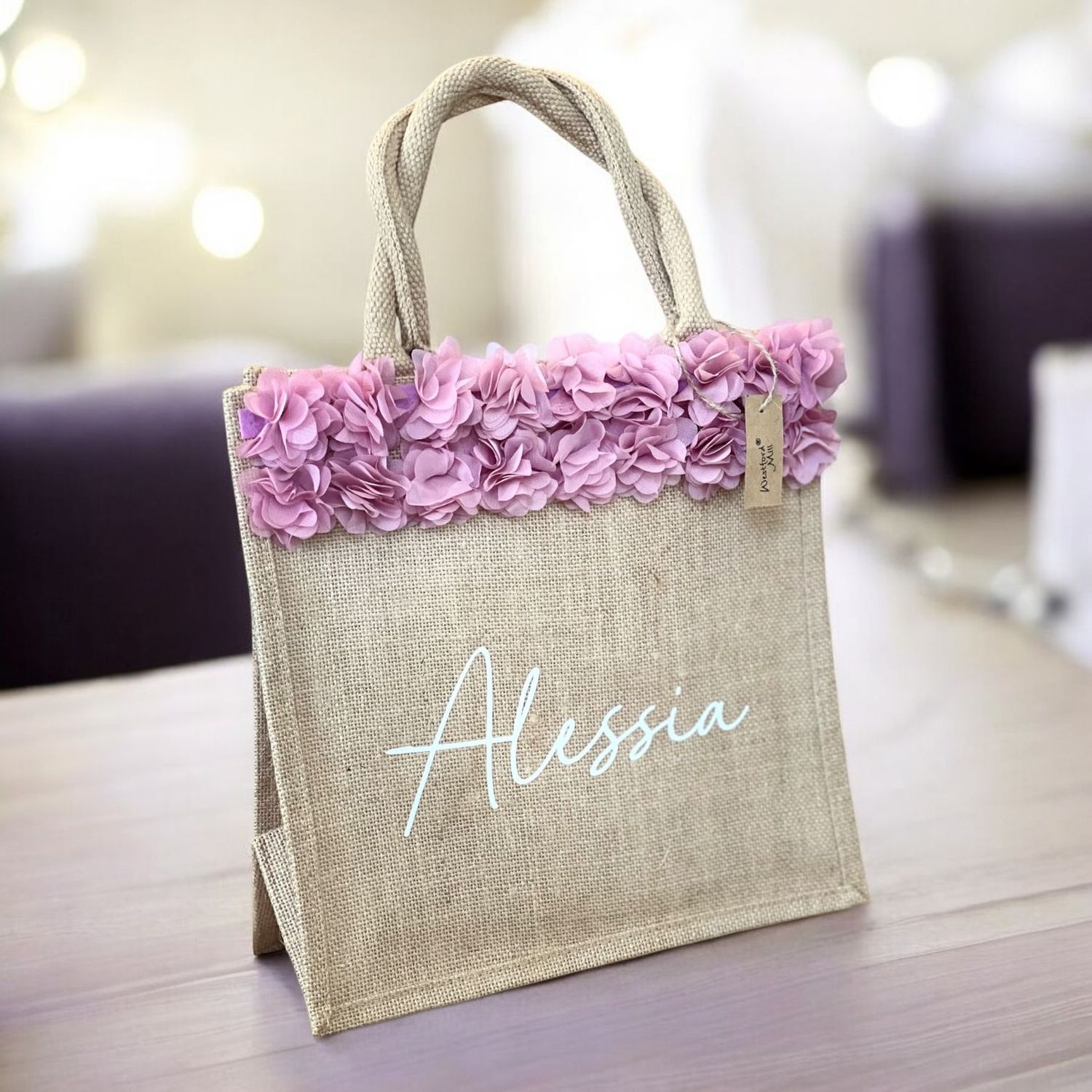 Borsa in Juta Personalizzata con Passamaneria roselline Chiffon