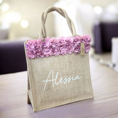 Borsa in Juta Personalizzata con Passamaneria roselline Chiffon