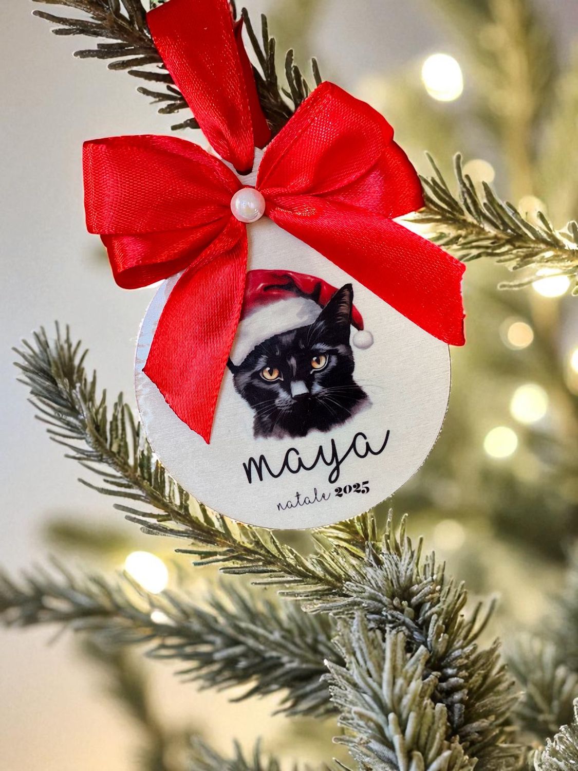 Pallina di Natale in Legno - Gatto Nero - Personalizzata con Nome