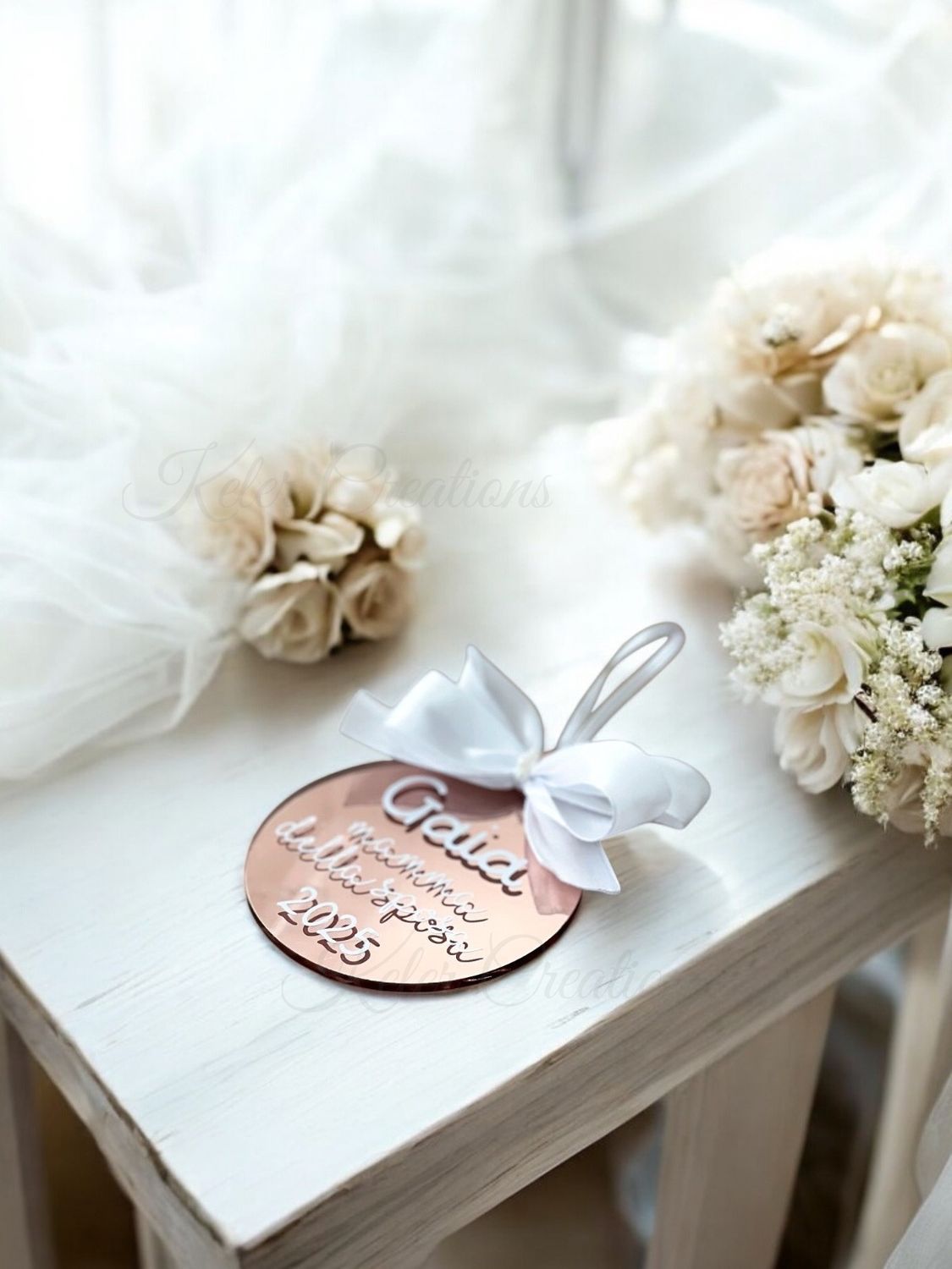 Pallina plexiglas specchiata personalizzata &quot;Mamma della Sposa&quot; o &quot;Mamma dello Sposo&quot; – 8 cm con nome