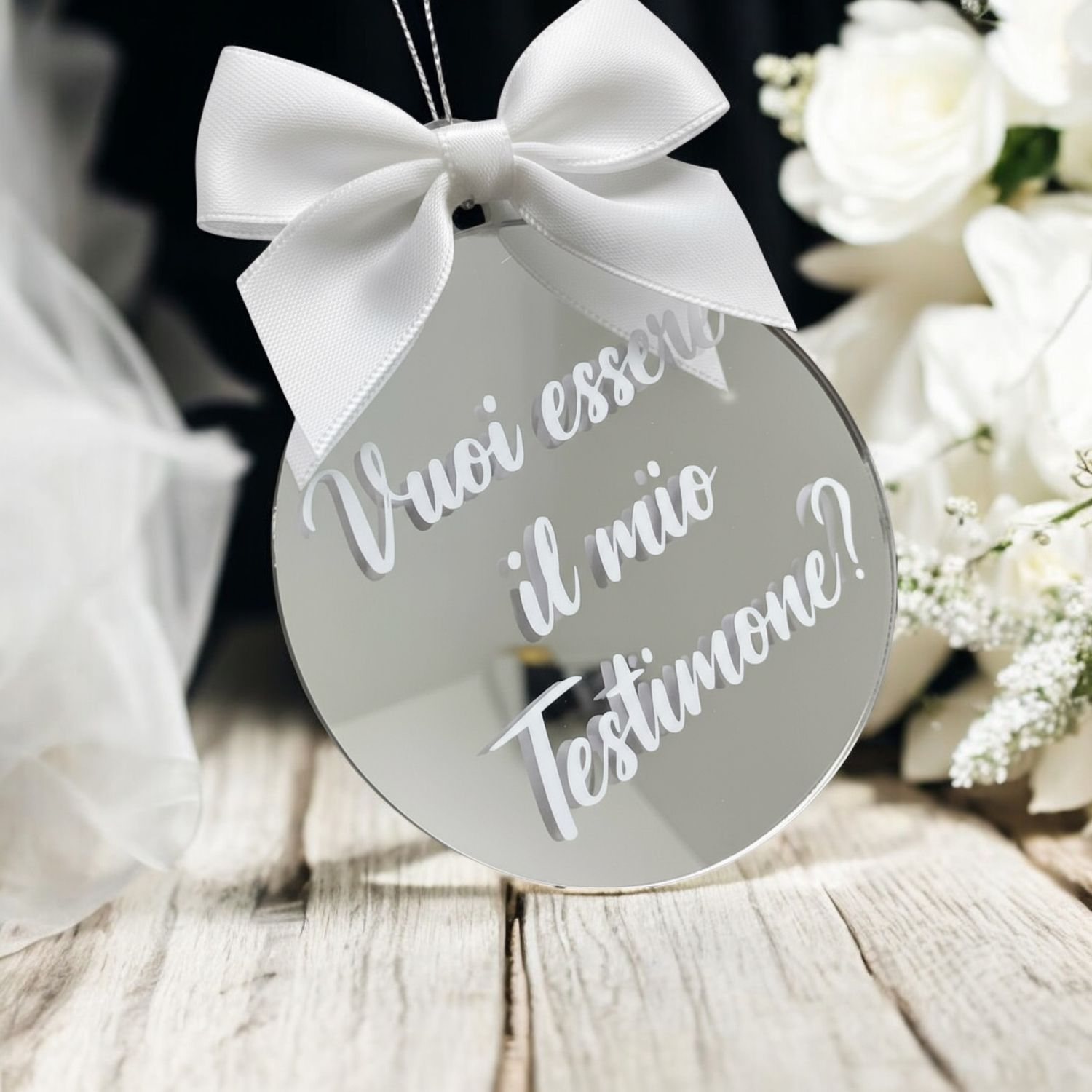 Pallina di Natale in Plexiglas Specchiato Personalizzata con aggiunta di Nastro - Vuoi essere il mio Testimone