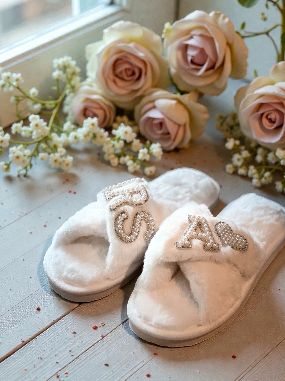 Ciabatte Pelose Bianche Personalizzate MRS o Iniziali + Cuore