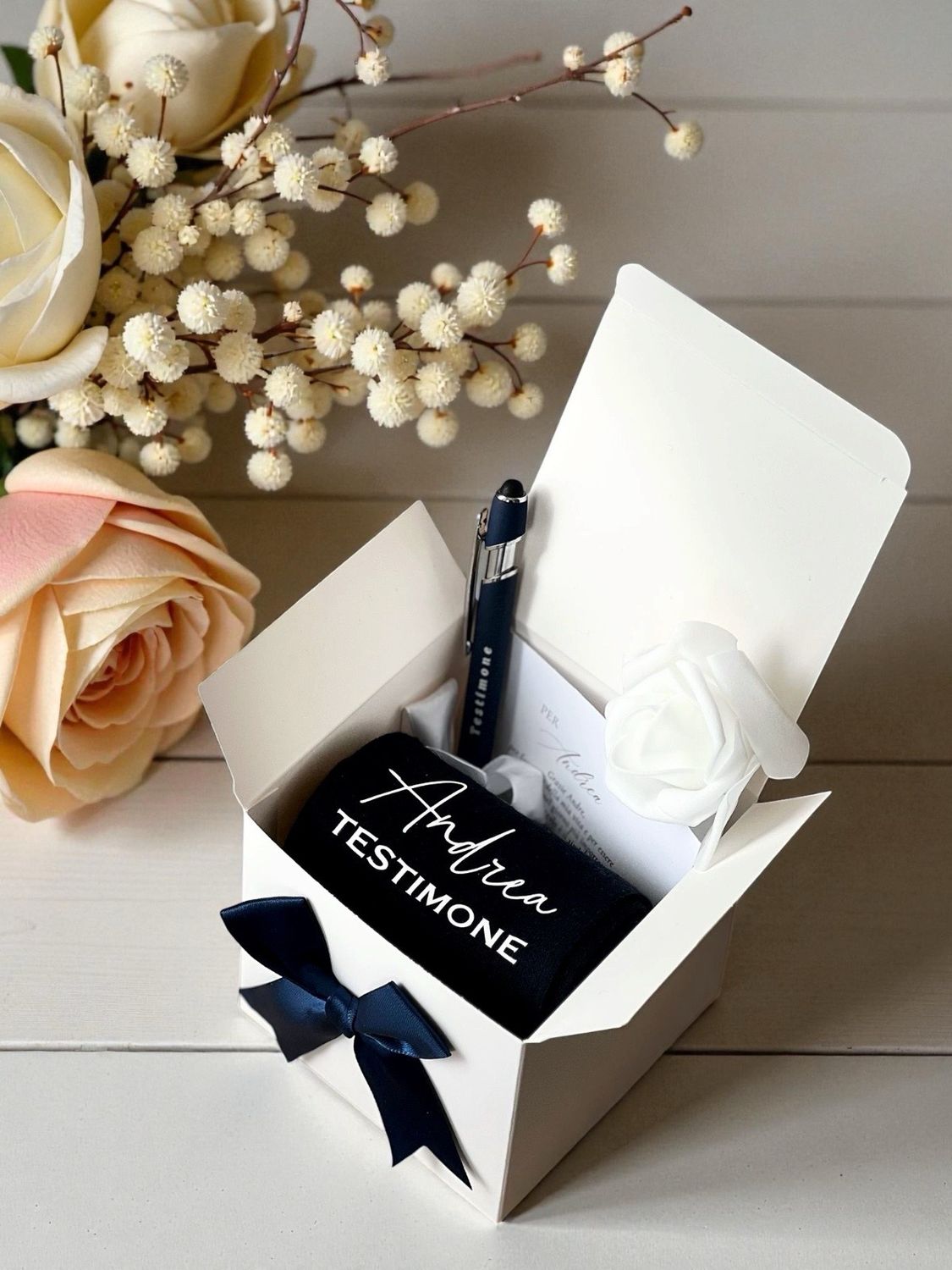 Scatolina con Calzini e Penna Testimone e biglietto dedica