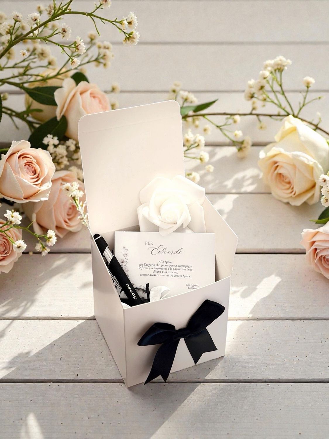 Scatolina Sposo Personalizzata con Nome | Penna Sposo, Biglietto Dedica e Rosellina