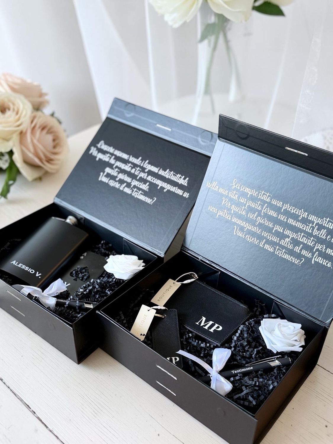 Box regalo Testimone di Nozze Personalizzata – Fiaschetta, apribottiglia &amp; penna incisa