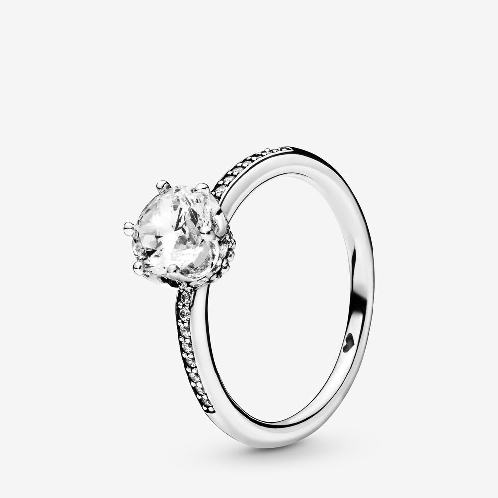 PANDORA™ Sparkling Crown Solitaire Ring Sterling Silver, Size: 48, Color: Clear