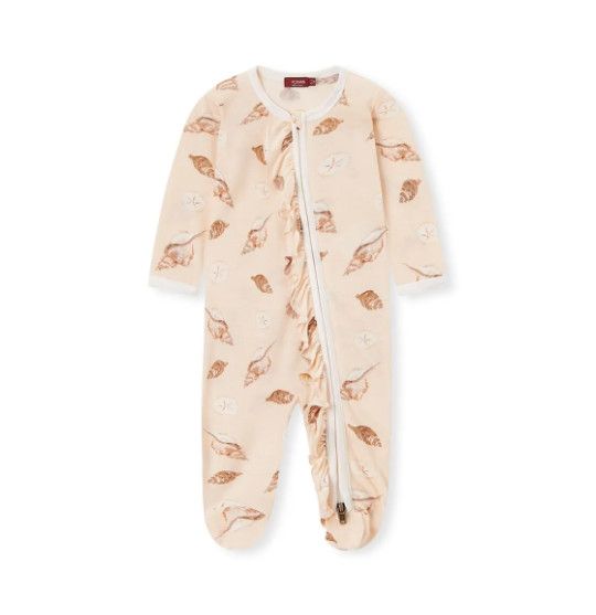 Bamboo Seashells Ruffle Zipper Footed Romper, Size: 0-3M