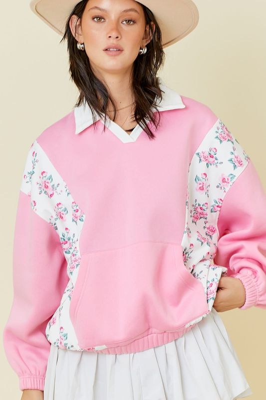 The Perfect Floral Fleece Color Block Top