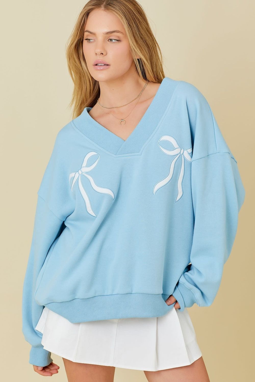 The Rose Ribbon V Neck Top Blue