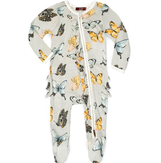 Bamboo Butterfly Ruffle Zipper Footed Romper