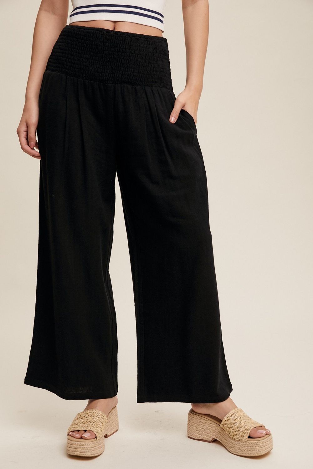 The Sandi Smocked Linen Pants Black