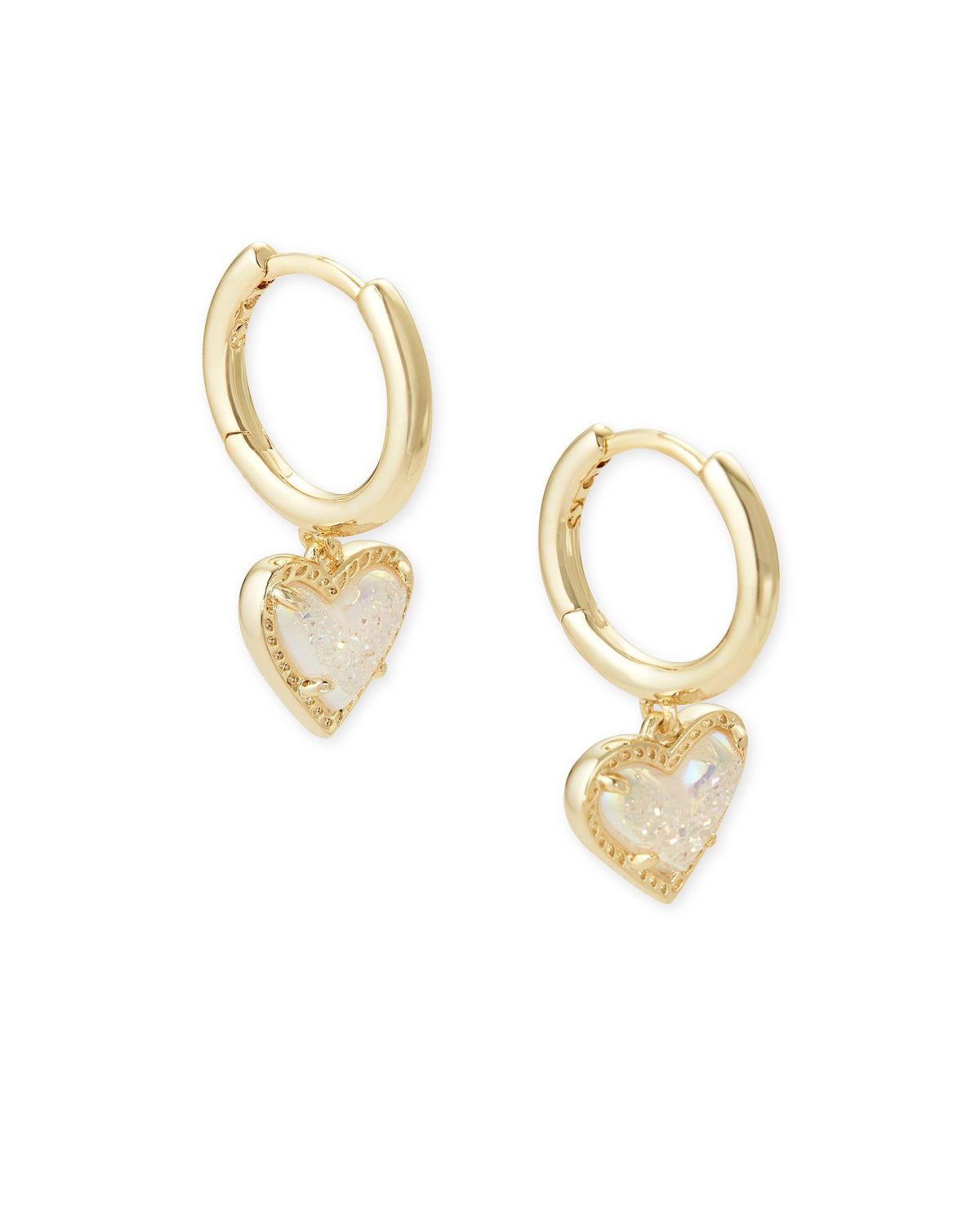 The Ari Heart Gold Huggie Earrings in Iridescent Drusy