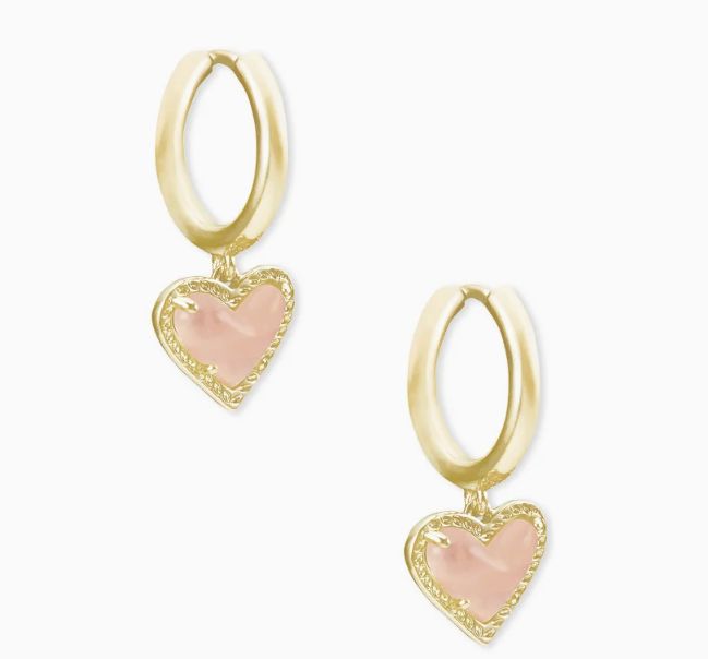 The Ari Heart Gold Huggie Earrings in Rose Quartz