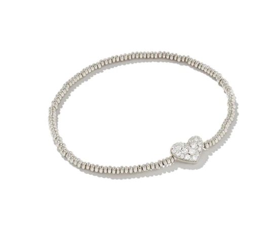 The Ari Pave Heart Stretch Bracelet in White Crystal, Color: Silver