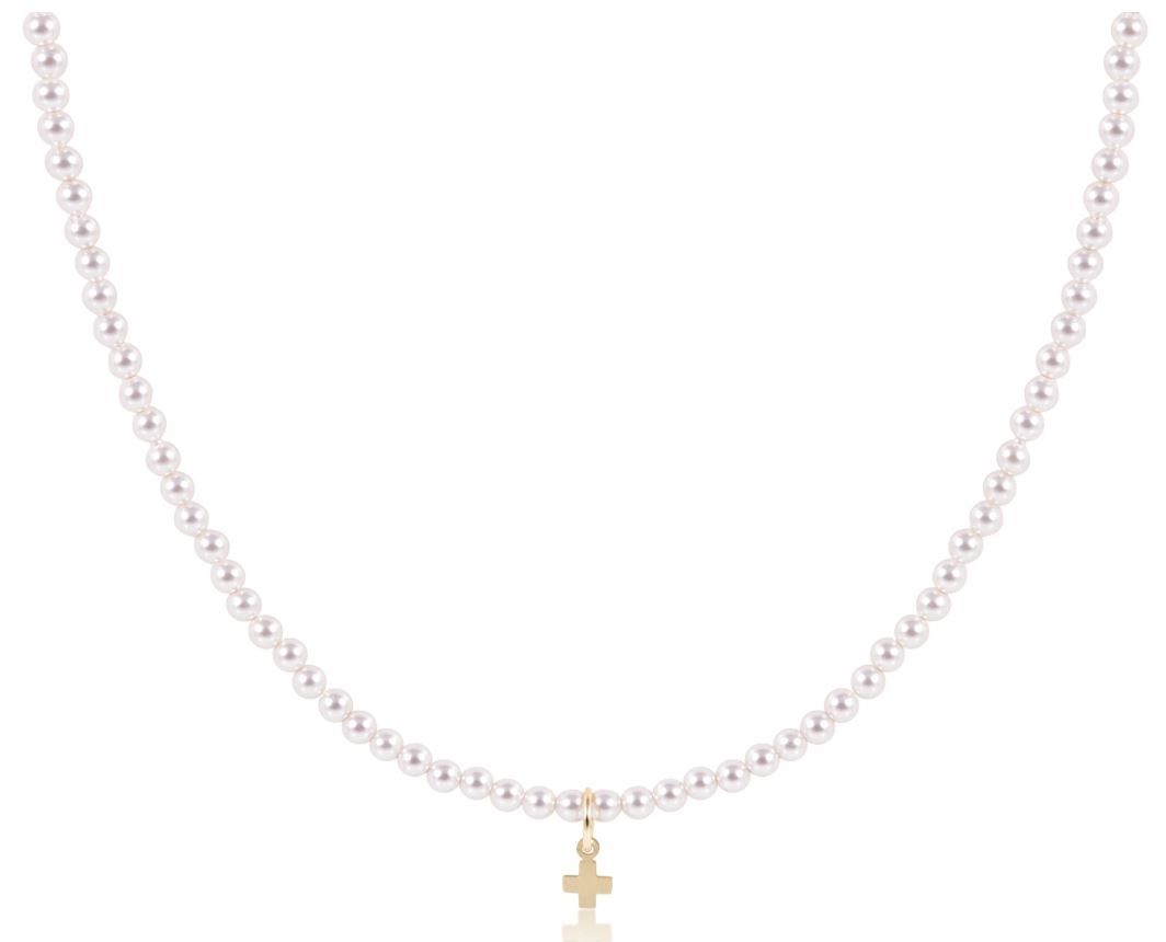 15&quot; Choker Gemstone 3mm Pearl Signature Cross Small Gold Charm