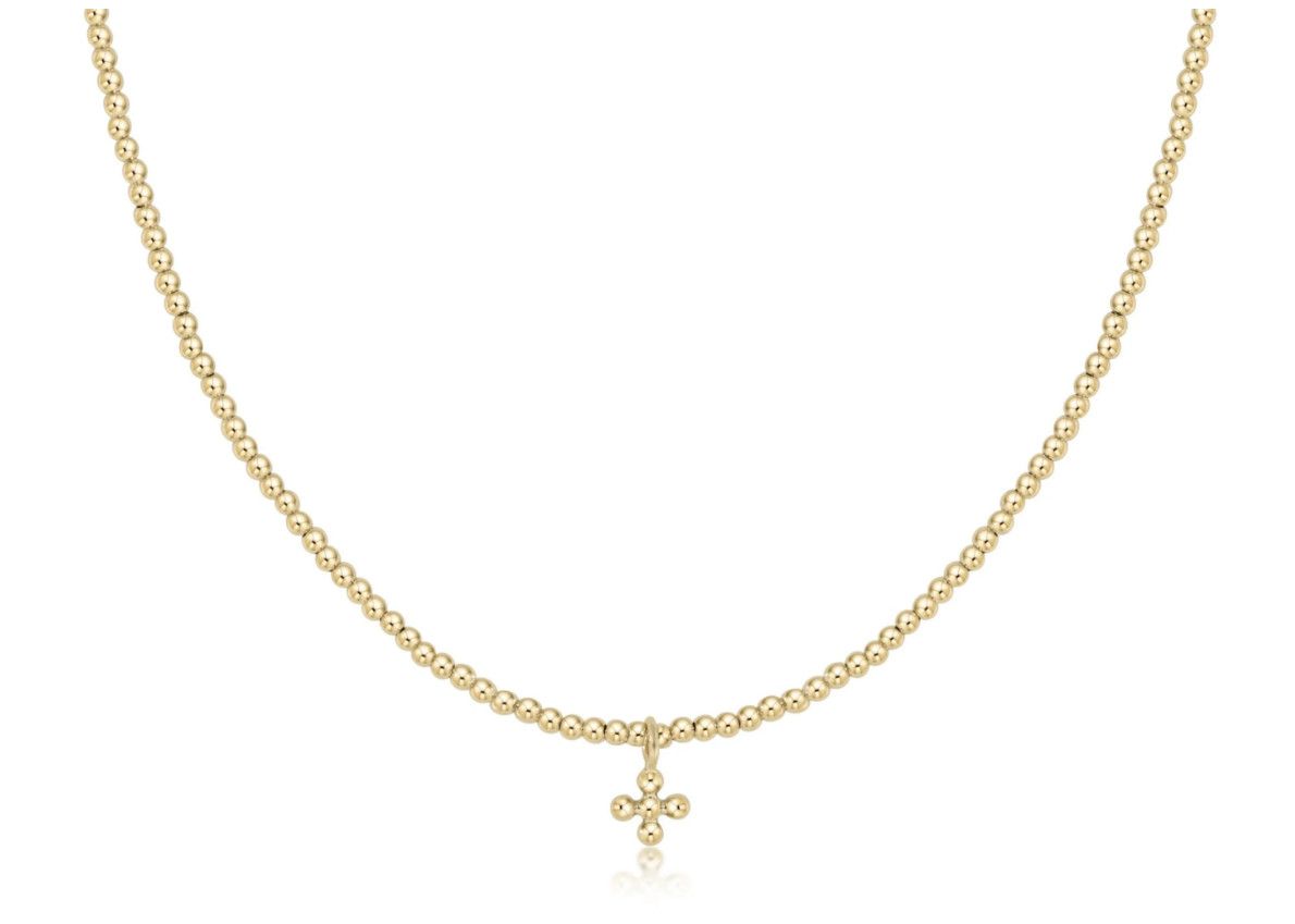 15&quot; Choker Classic Gold 2mm Bead Classic Beaded Signature Cross Small Gold Charm