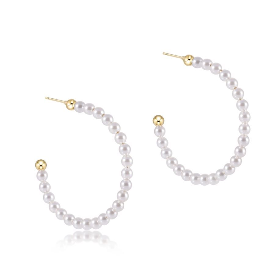 Beaded Gemstone 1.25&quot; Post Hoop 3mm Pearl
