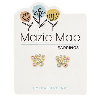 Mazie Mae Girls Earrings Gold Opal &amp; Vintage Rose Butterflies