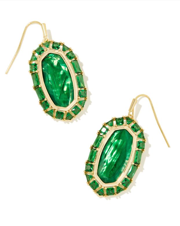 The Elle Crystal Frame Drop Earring Gold Kelly Green Illusion