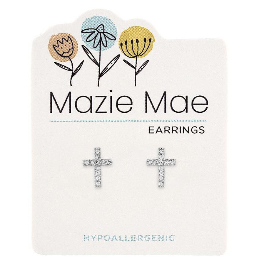 Mazie Mae Girls Earrings Silver CZ Cross