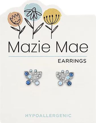 Mazie Mae Girls Earrings Silver Opal &amp; Aquamarine Butterfly Stud