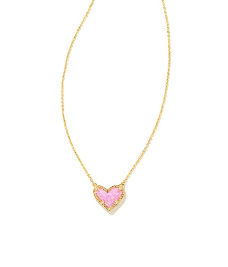 The Ari Heart Short Pendant Necklace Gold Bubblegum Pink Kyocera Opal