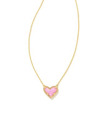 The Ari Heart Short Pendant Necklace Gold Bubblegum Pink Kyocera Opal