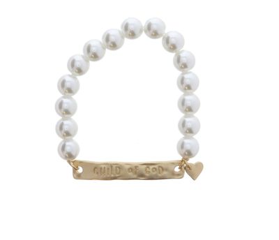 Pearl Beaded Child of God Bar Gold Heart Charm Bracelet