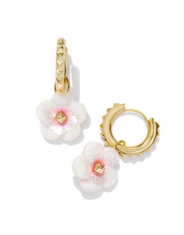The Deliah Convertible Gold Huggie Earrings in Iridescent Pink White Mix