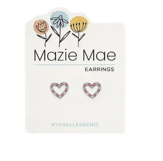 Mazie Mae Girls Earrings Silver CZ &amp; Light Rose Open Heart Stud
