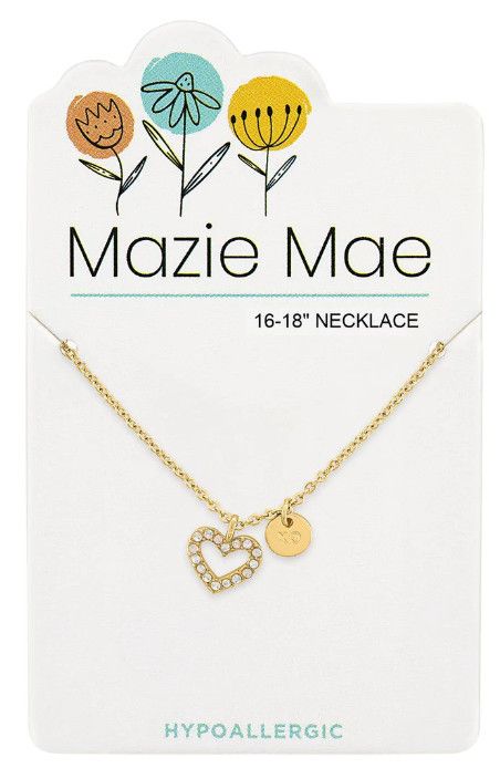Mazie Mae Girls Necklace Gold Open White Opal Heart &amp; XO Dangle